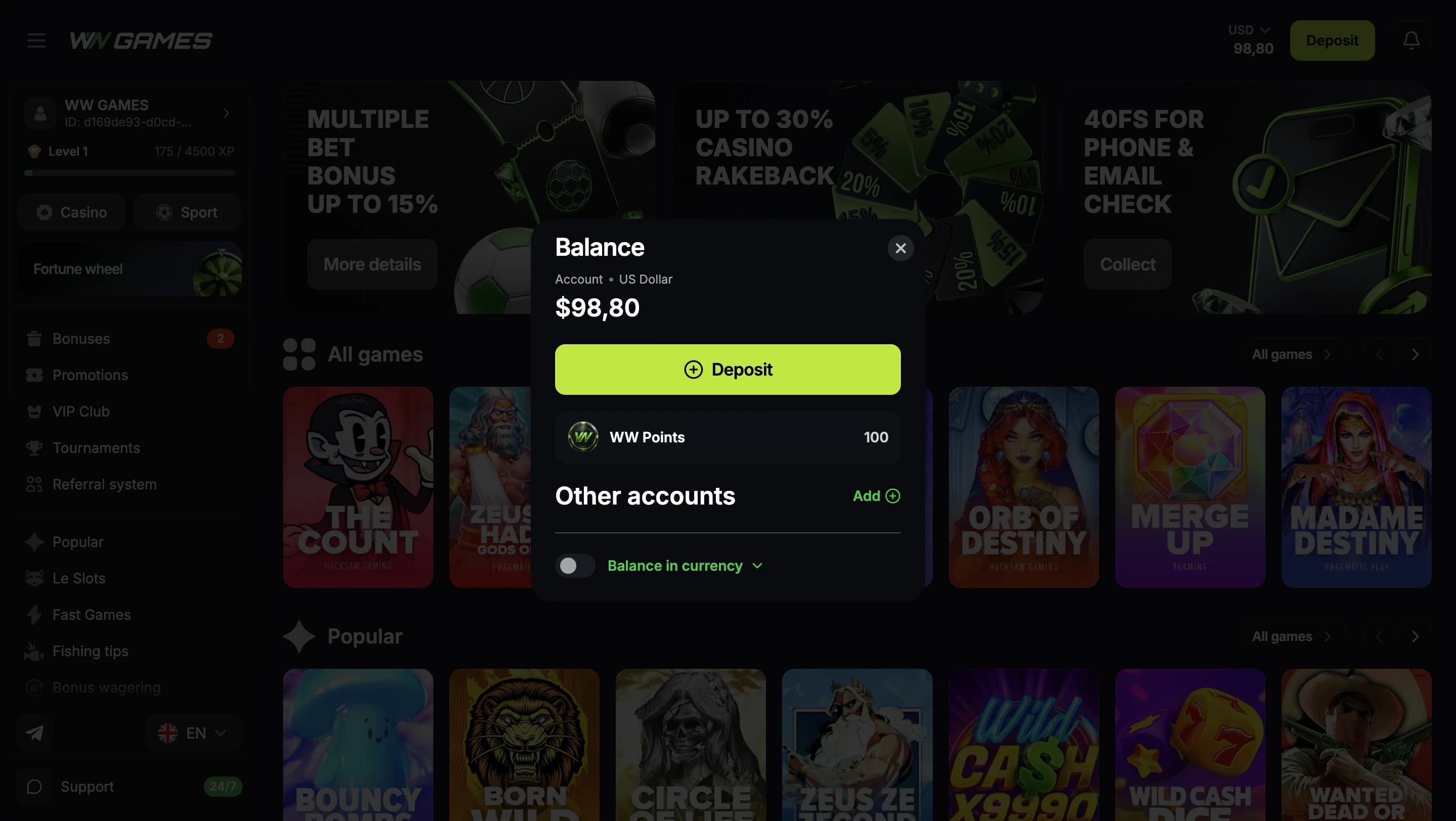 A player's USD balance, their points, and the option to add wallets in other currencies.