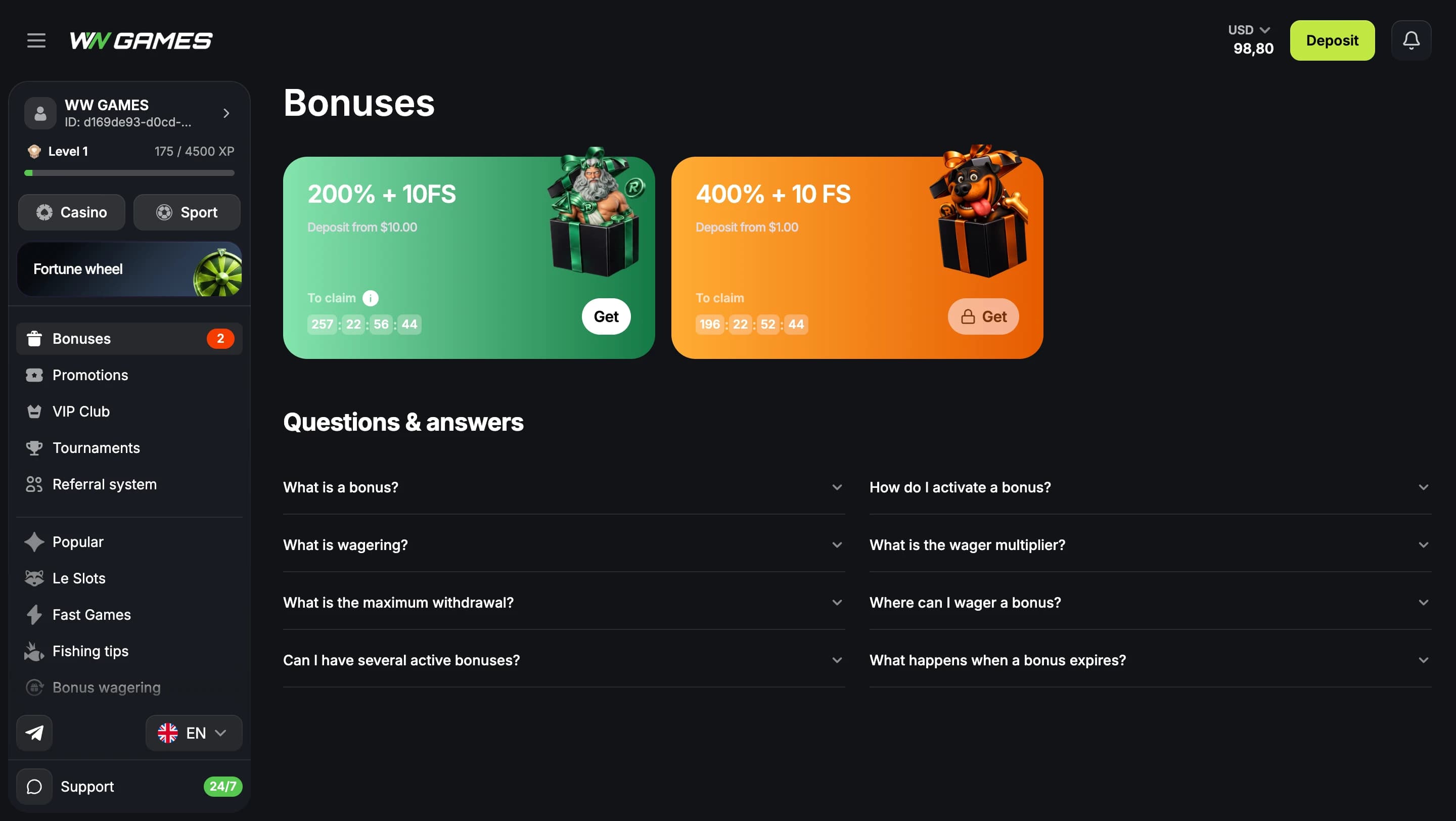 What the player sees: a two-step welcome chain with the minimum deposit and claim deadline on each bonus, the second locked until the first is finished.