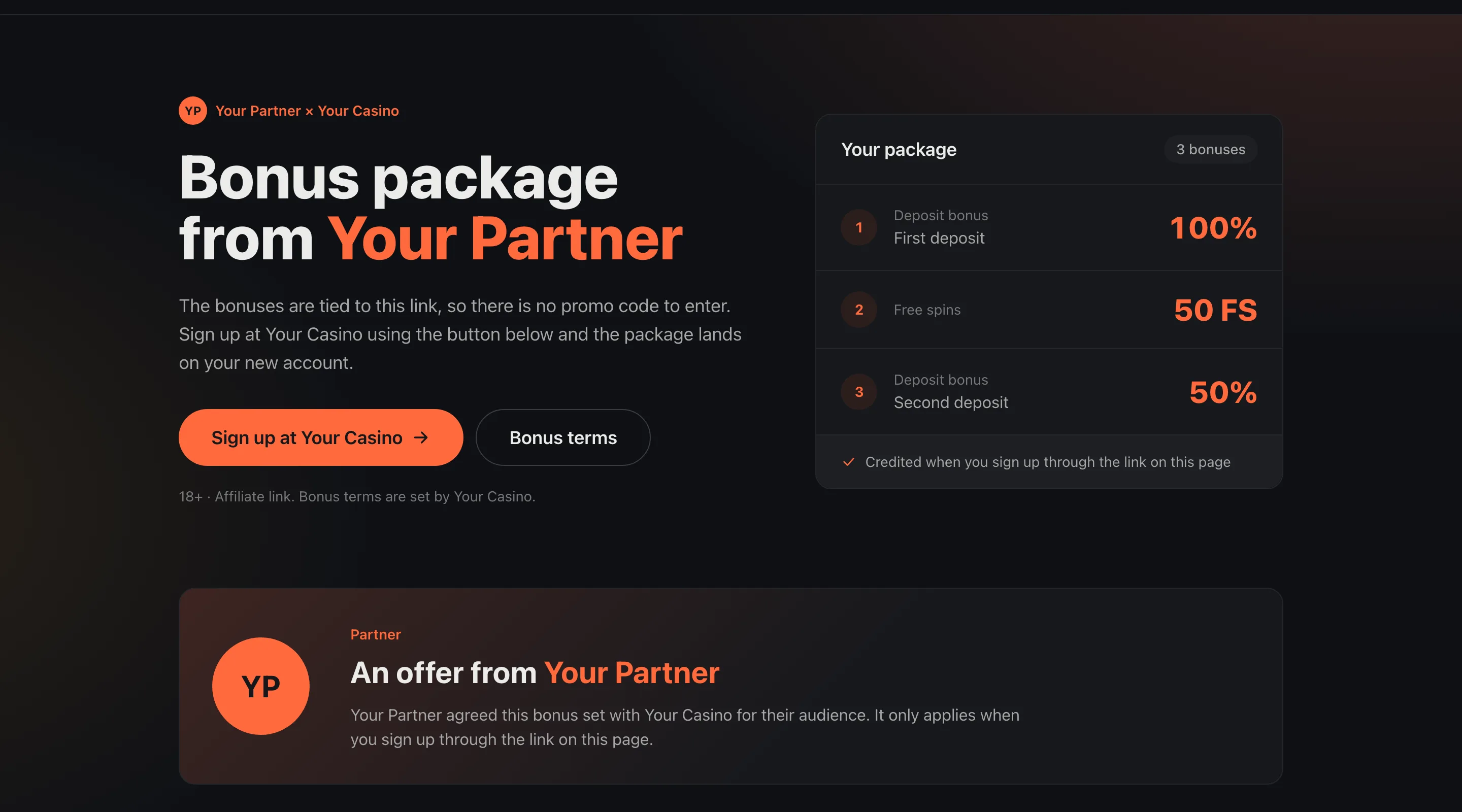 The top of a partner page with placeholder names: the partner's headline, the three-bonus package loaded from the admin panel, and the sign-up button.