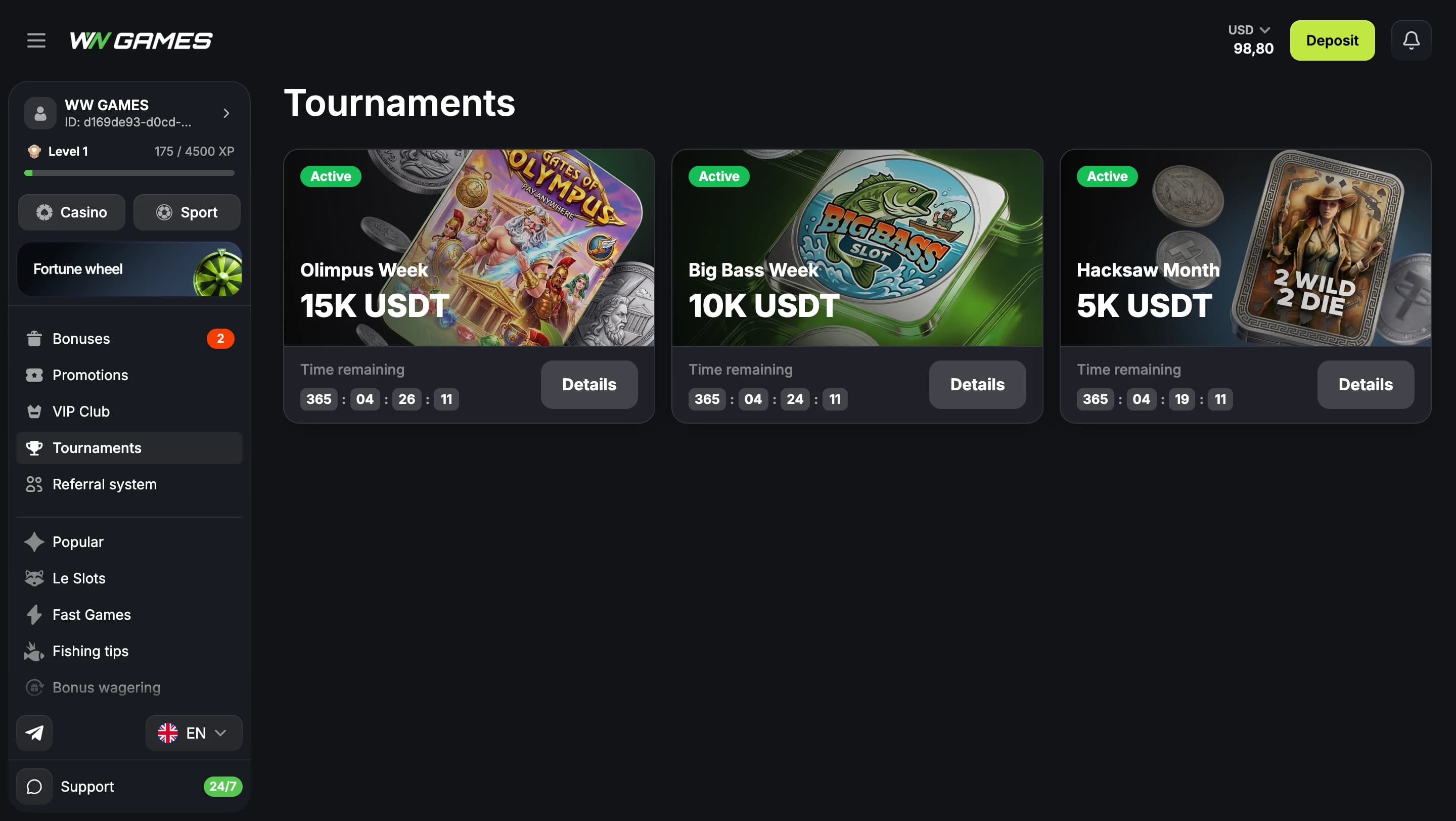 Three active tournaments on the demo deployment, each with its prize pool and a countdown to the end.