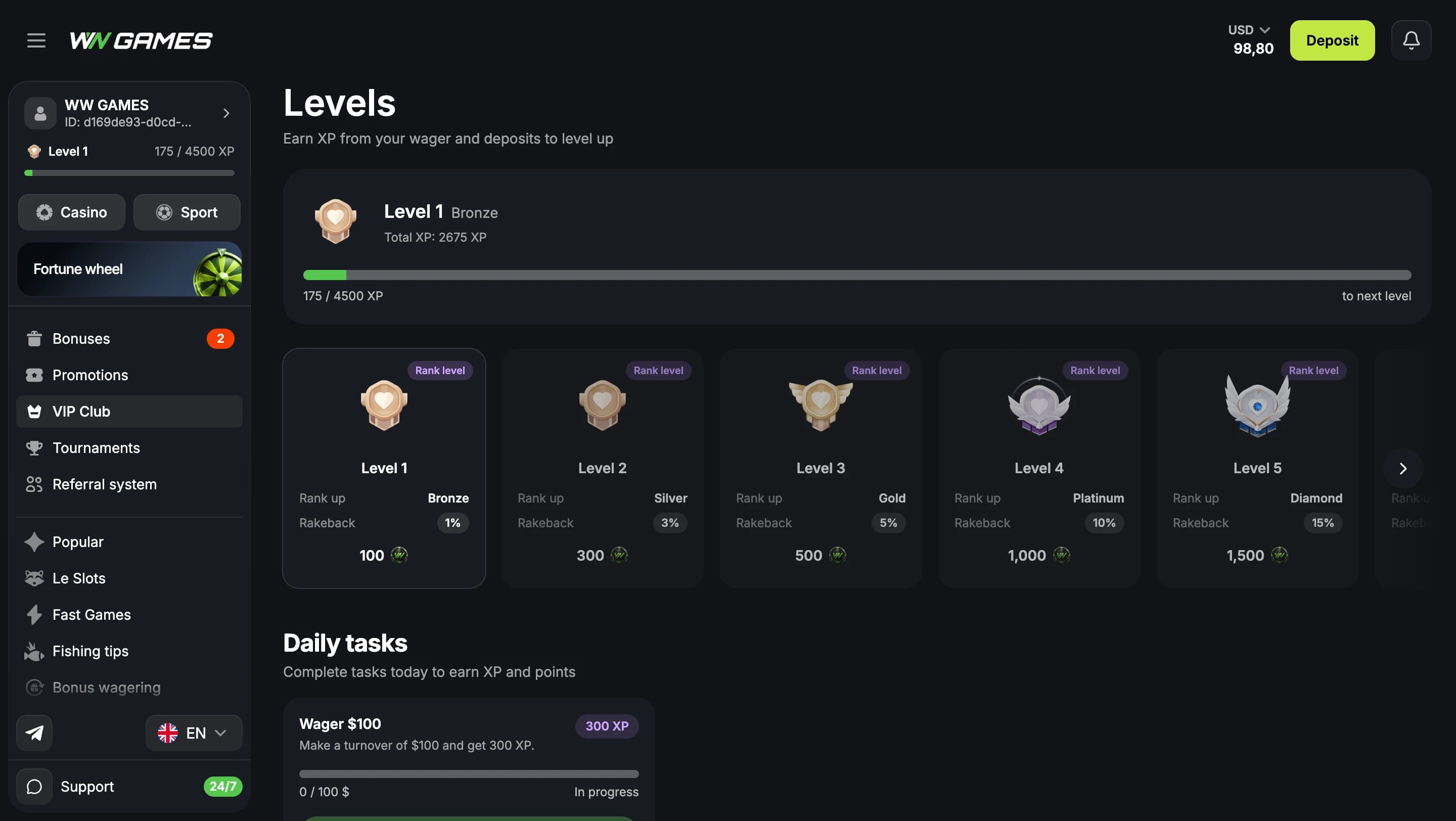 The player's level and XP, five ranks with rakeback from 1% to 15% and a points reward each, and the day's tasks below.